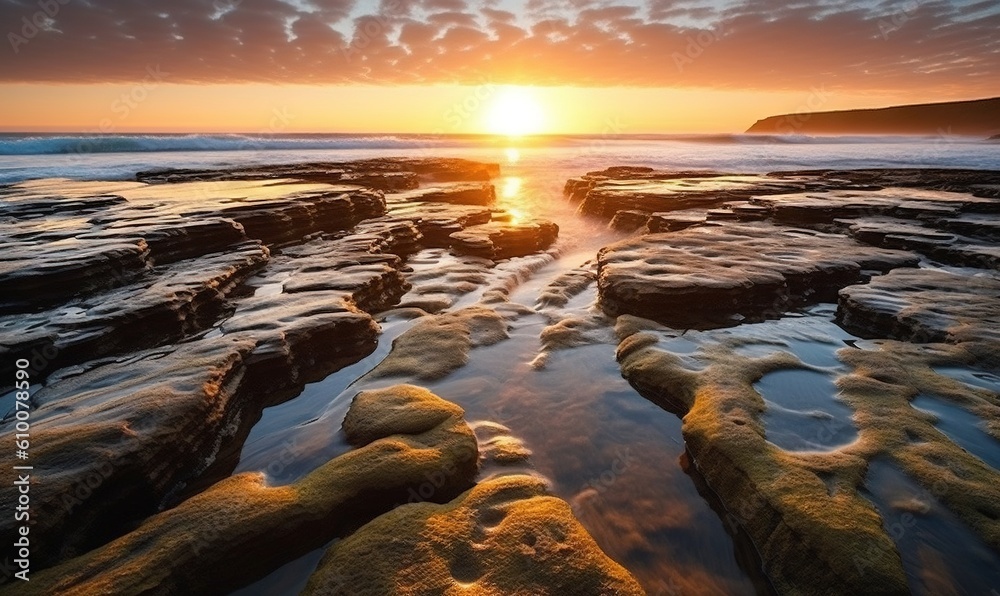  the sun is setting over the ocean with rocks in the foreground and water in the foreground, and a rocky shoreline in the foreground.  generative ai