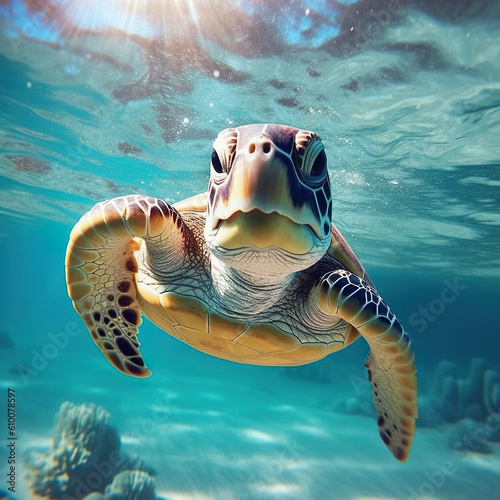 A turtle swimming in the ocean with the sun shining. Generative AI.