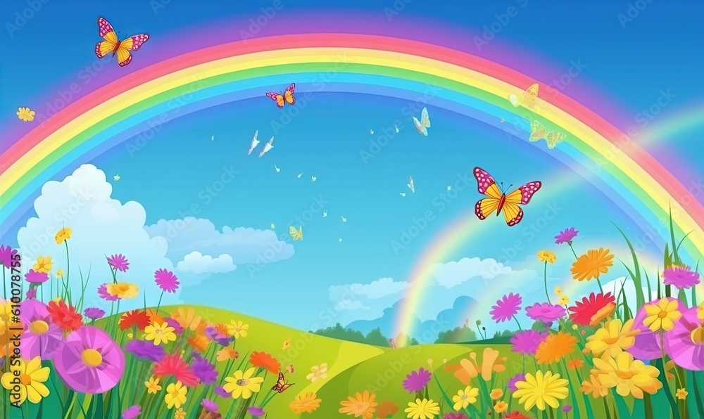  a rainbow in the sky above a field of flowers and butterflies with a rainbow in the sky in the background with a rainbow in the sky.  generative ai