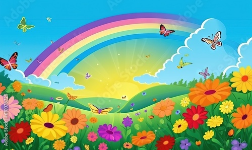  a rainbow in the sky over a field of flowers and butterflies with a rainbow in the background of the sky and a rainbow in the clouds.  generative ai