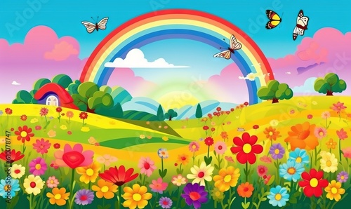  a rainbow in the sky above a field of flowers and butterflies with a rainbow in the background illustration by alex krawczyciak. generative ai