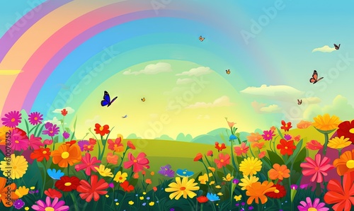  a colorful flower field with a rainbow in the background and butterflies flying over the top of the flowers in the foreground, and a blue sky with a rainbow in the background. generative ai