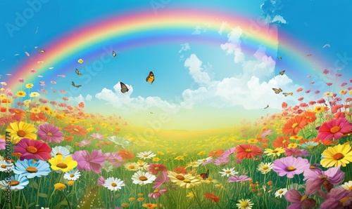 a rainbow in the sky over a field full of flowers and a rainbow in the sky with butterflies flying over the flowers and a rainbow in the sky. generative ai