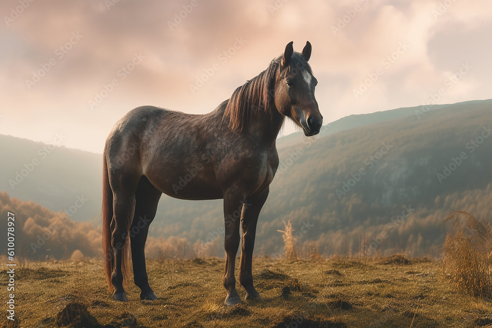 Amazing Horse grazing peacefully together in picturesque countryside. Created with Generative AI Technology. Amazing Horse grazing peacefully together in picturesque countryside. Created with Generative AI Technology.