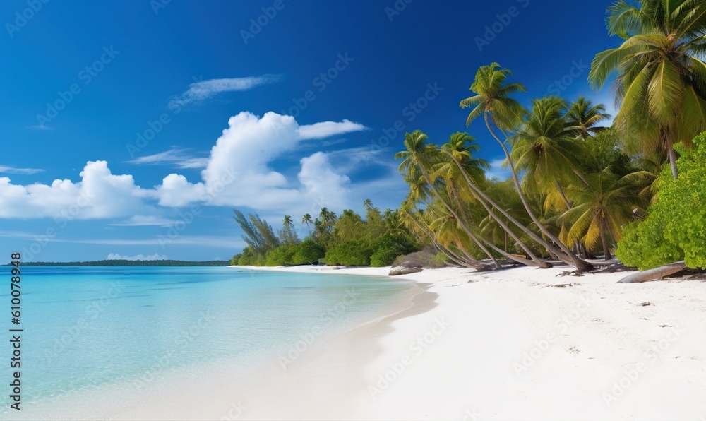  a sandy beach with palm trees and clear blue water on a sunny day with a blue sky and clouds in the background and a white sand beach with blue water.  generative ai
