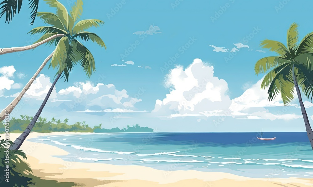  a painting of a tropical beach with palm trees and a boat in the water and a blue sky with white clouds and blue sky with white clouds.  generative ai