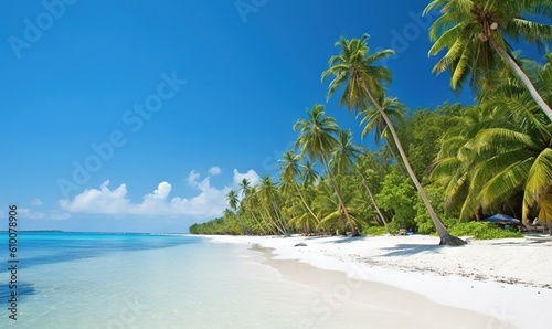  a sandy beach with palm trees and clear blue water on a sunny day in the tropics of the tropical island of arushe. generative ai