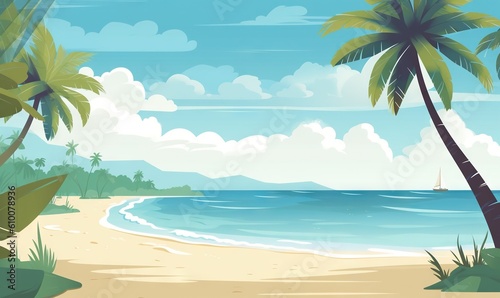  a painting of a beach with palm trees and a sailboat in the water on a sunny day with blue sky and clouds above it. generative ai