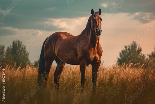 Amazing Horse grazing peacefully together in picturesque countryside. Created with Generative AI Technology.