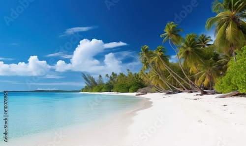  a sandy beach with palm trees and clear blue water on a sunny day with a blue sky and clouds in the background and a white sand beach with blue water. generative ai