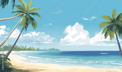  a painting of a tropical beach with palm trees and a boat in the water and a blue sky with white clouds and blue sky with white clouds.  generative ai © Anna