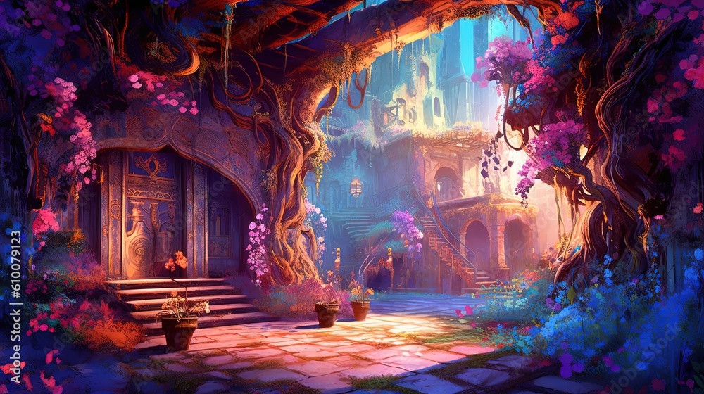 Fototapeta premium anime illustration scenery background wallpaper, old ancient village street among mushroom forest, Generative Ai