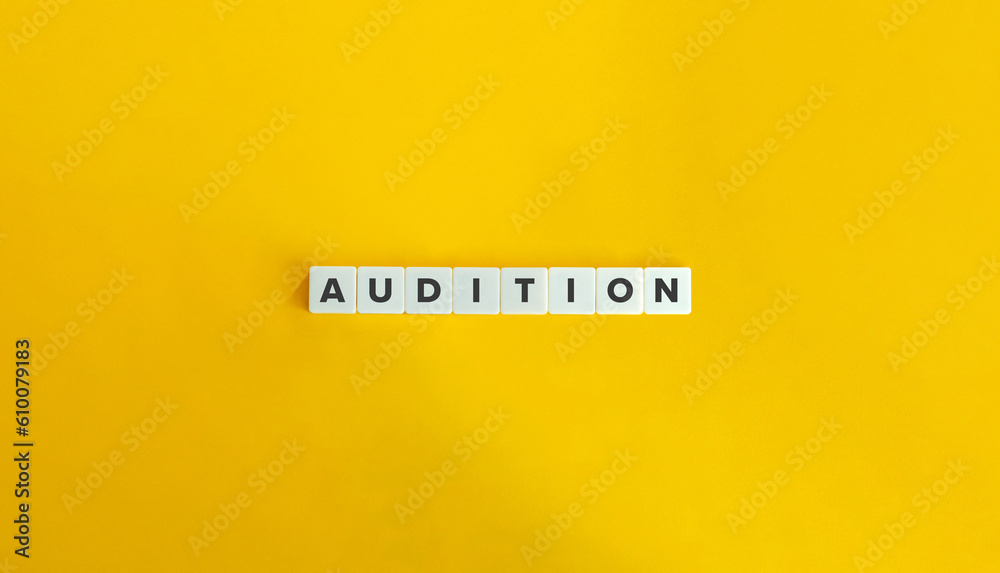 Audition Word on Letter Tiles on Yellow Background. Minimal Aesthetic. Audition Word on Letter Tiles on Yellow Background. Minimal Aesthetic.