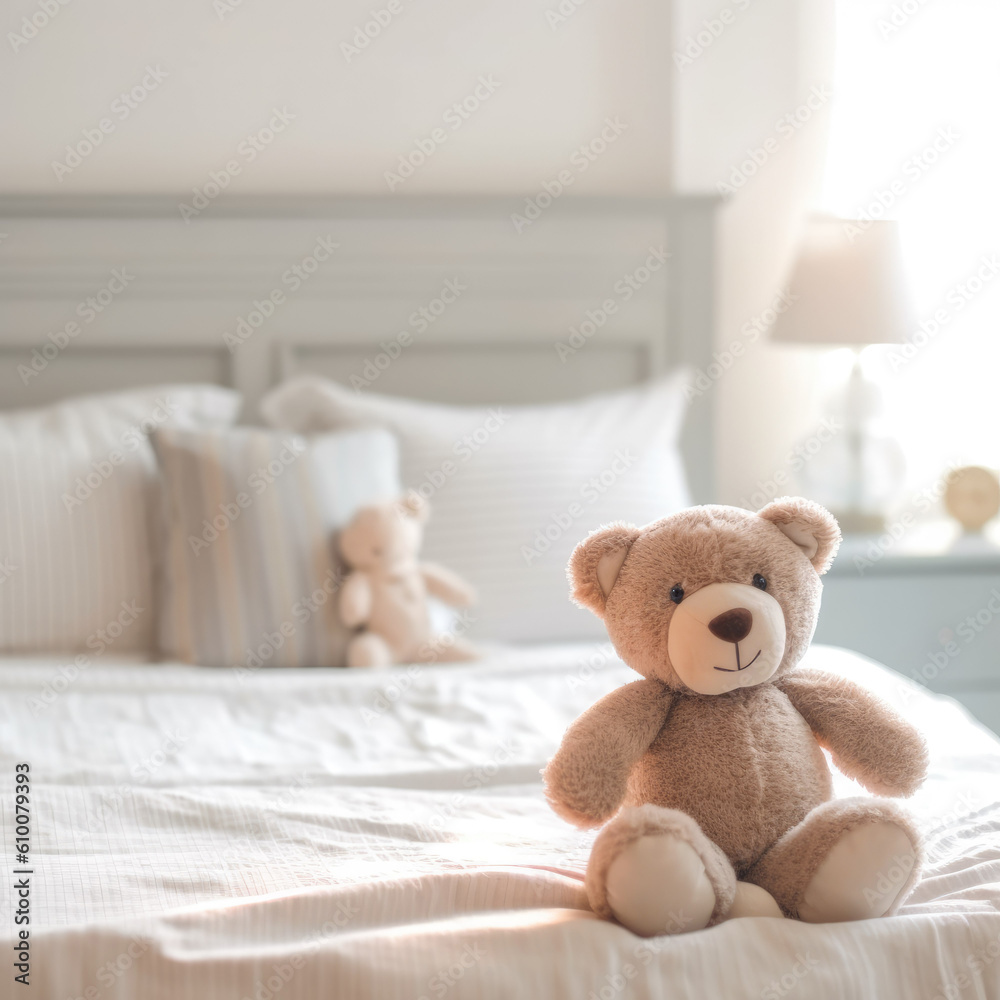 Cute stuffed toy teddy bear sitting on bed in modern light bedroom. Empty room, minimal interior design. Generative AI