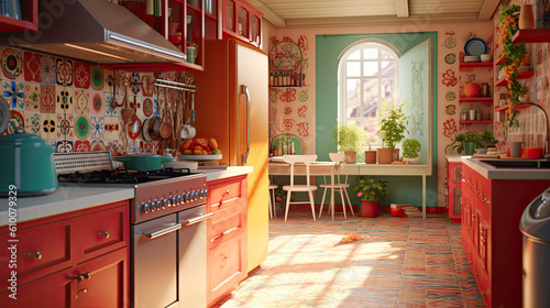 A bright and cheerful kitchen with a retro-inspired design. The room features a colorful tiled backsplash and vintage appliances. The walls are painted in a sunny yellow color. Generated with AI techn