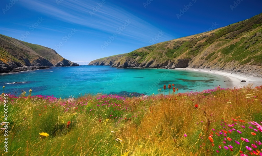  a beach with a blue body of water surrounded by green hills and a blue sky with wispy clouds above the water and flowers in the foreground.  generative ai