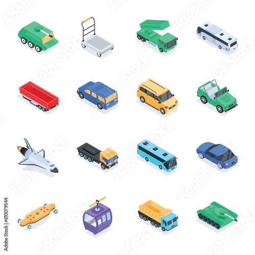 Trendy Set of Public Vehicles Isometric Icons