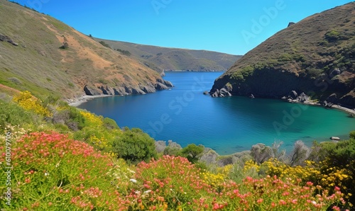  a large body of water surrounded by hills and flowers on a sunny day with a blue sky in the background and a few pink flowers in the foreground. generative ai