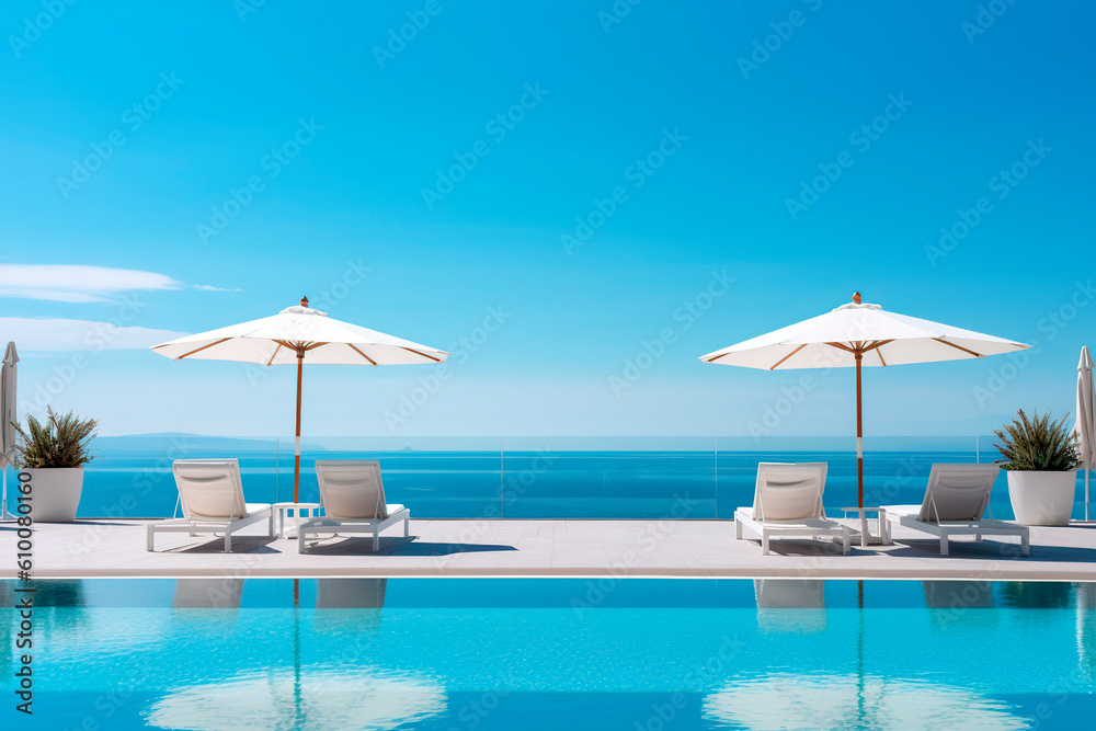 swimming pool in hotel resort with two sun beds and umbrellas, clear blue sky. Generative ai edited 