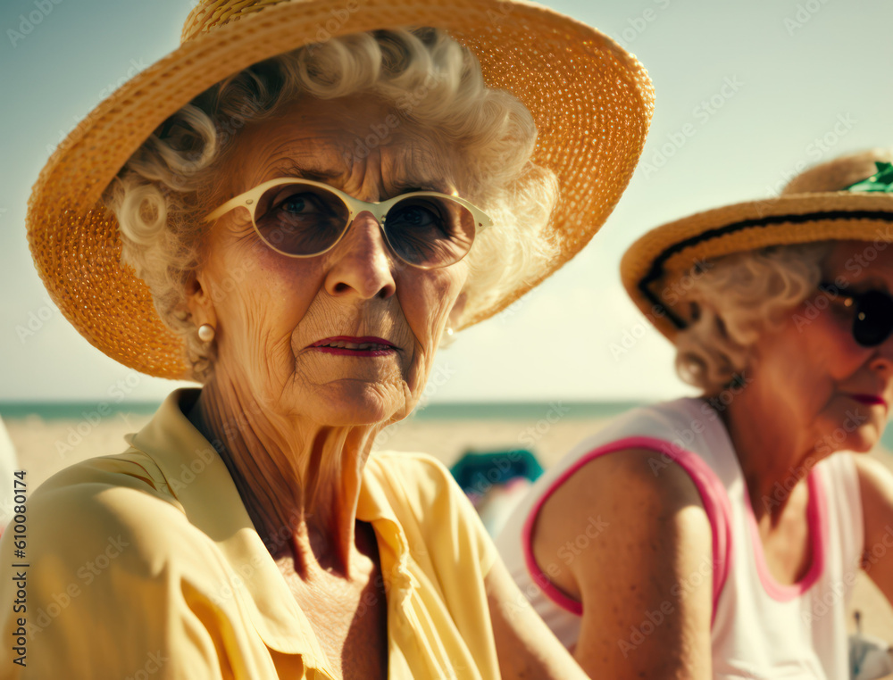 Beautiful grandmothers on the beach in hats with cocktails .Generative AI