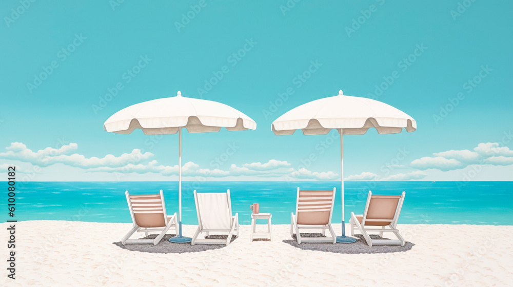 beach with umbrella and chairs illustration. Generative ai edited