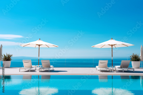 swimming pool in hotel resort with two sun beds and umbrellas, clear blue sky. Generative ai edited  © Jezper