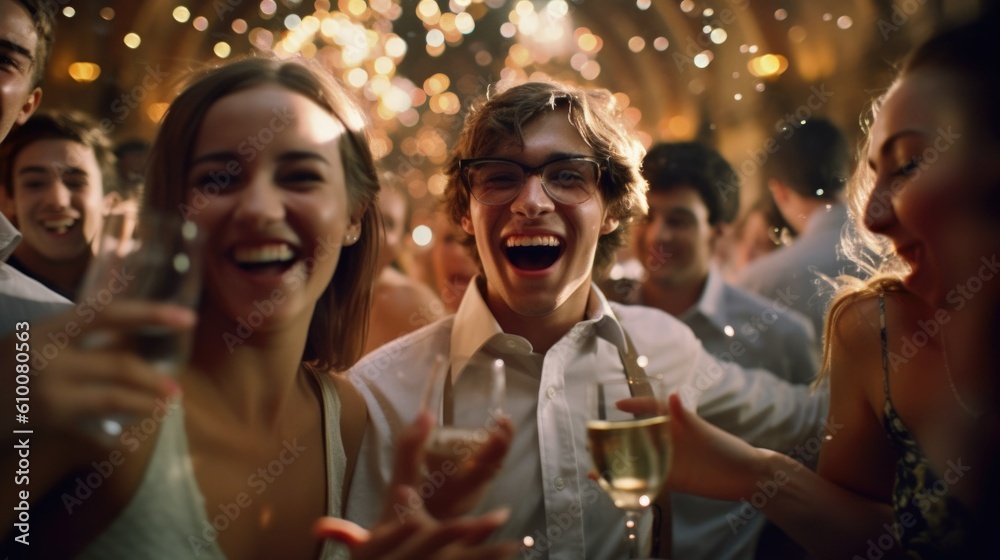 engineers partying in a crowded room that is warmly lit for an invitation to an end of year party at a university.generative ai. engineers partying in a crowded room that is warmly lit for an invitation to an end of year party at a university.generative ai.