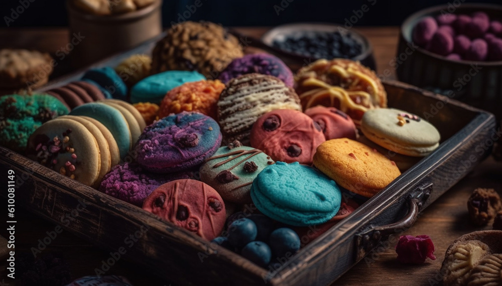 Assorted baked goods in rustic wooden tray, a sweet indulgence generated by AI