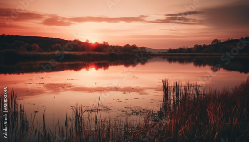 Tranquil sunset over water, nature beauty in vibrant colors generated by AI