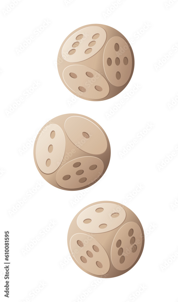 Obraz premium Set of 3 wooden game dices with round corner. Casino elements. Isolated vector and PNG illustration on transparent background.