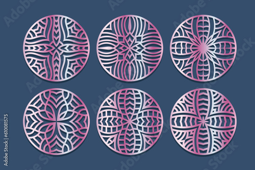 Lotus Mandala Vector Template Set for Cutting and Printing. Oriental silhouette ornament. Vector coaster design 