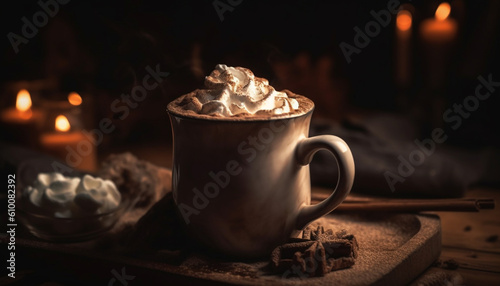 Rustic hot chocolate mug on wooden table with marshmallow indulgence generated by AI