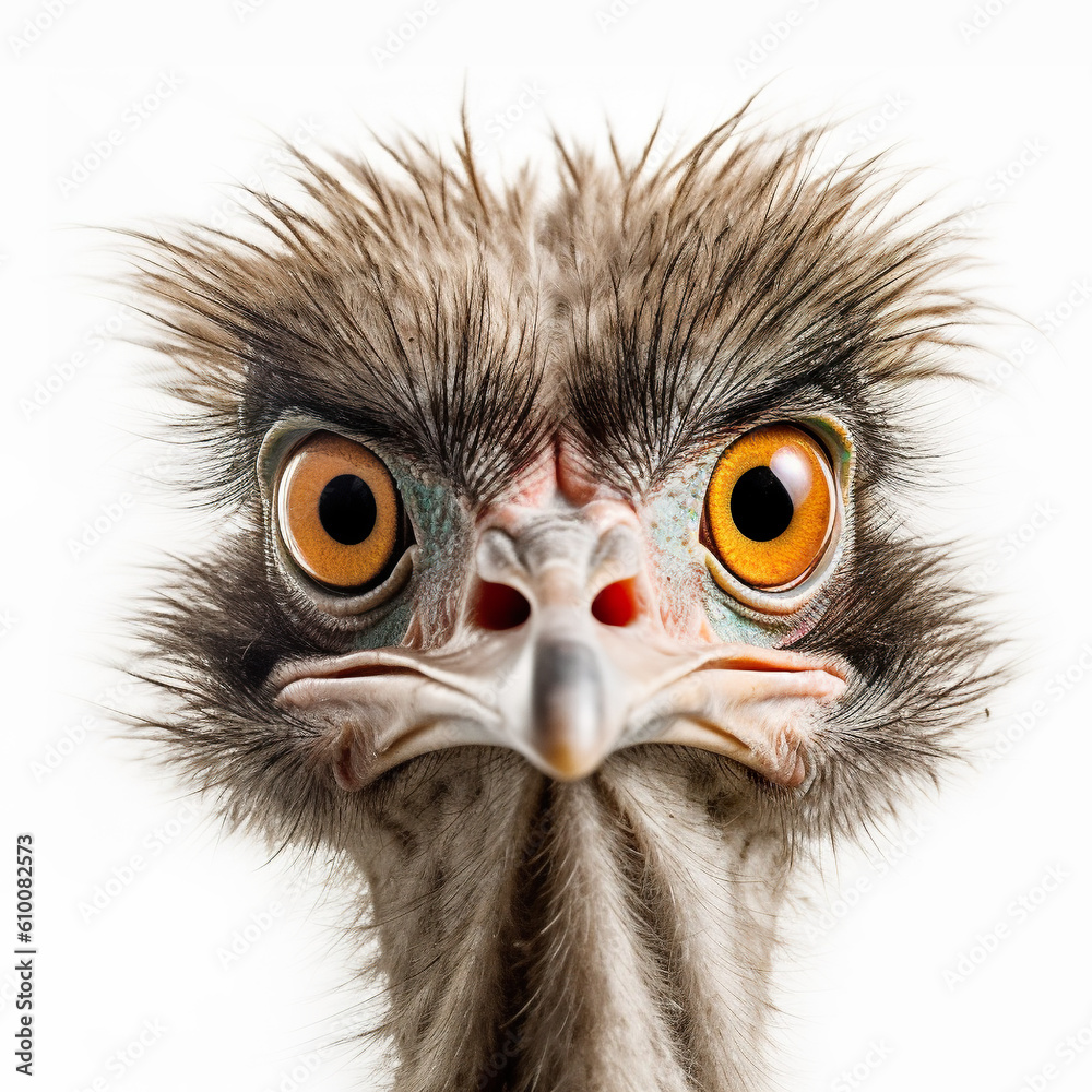 An ostrich's head with big orange eyes. Generative AI.