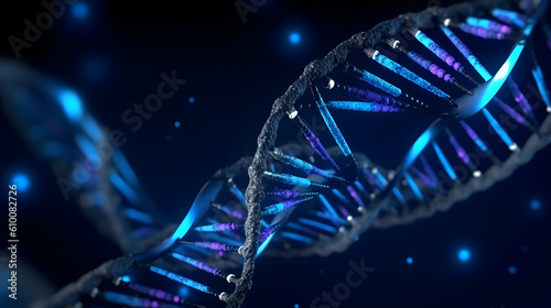 DNA molecule macro, blue string on screen, biological research, genes.Created with Generative AI technology.