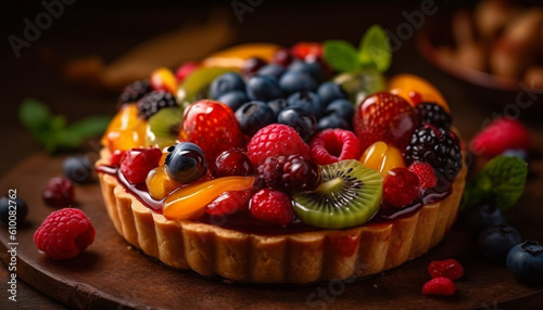Sweet berry tart with fresh raspberry and blueberry indulgence generated by AI