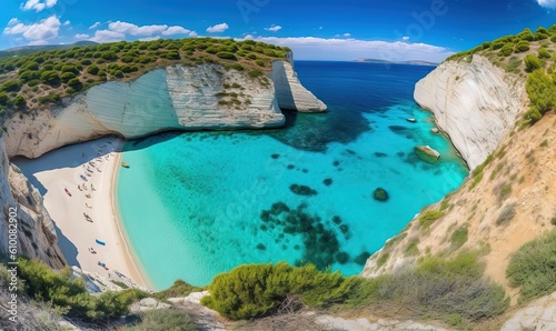  a beach with a blue body of water surrounded by cliffs and a sandy beach with a boat in the middle of the water and people swimming in the water. generative ai