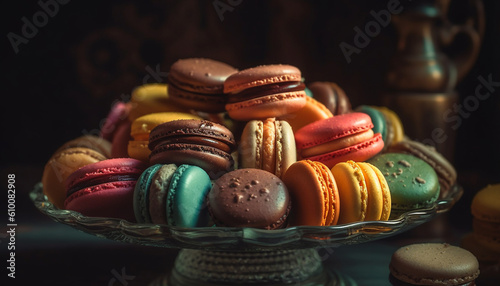 Multi colored macaroons stacked on a rustic wood table, a gourmet indulgence generated by AI