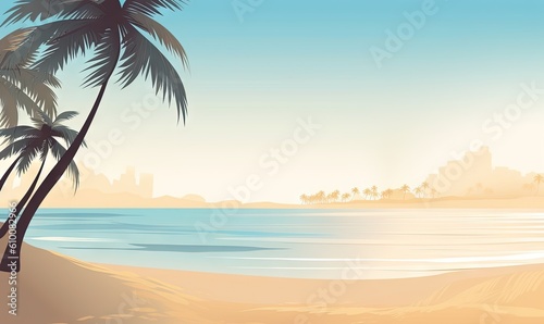  a tropical beach with palm trees and the ocean in the background is a cityscape with a skyscrapers and a blue sky with white clouds.  generative ai © Anna
