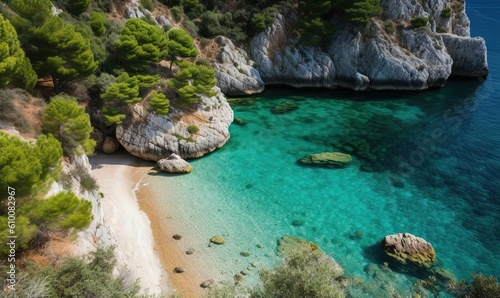  a beach with clear blue water surrounded by trees and rocks on the shore of a bay surrounded by cliffs and trees on the shore of the beach. generative ai