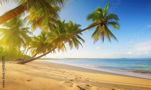  a beach with palm trees and the ocean in the background with a bright sun shining through the leaves of the palm trees and the water.  generative ai