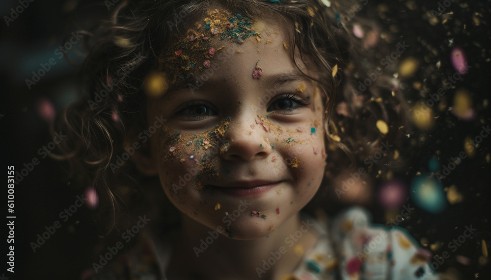 Smiling Caucasian girl enjoys colorful birthday party with playful children generated by AI Smiling Caucasian girl enjoys colorful birthday party with playful children generated by AI