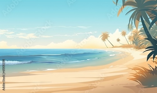  a painting of a beach with palm trees and the ocean in the background with a blue sky and white clouds in the background with a sun shining on the horizon. generative ai