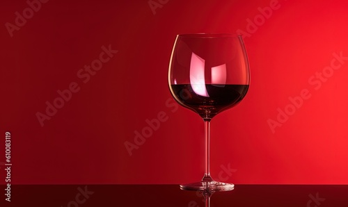  a glass of wine sitting on a table in front of a red background with a red wall in the background and a red wine glass in the foreground. generative ai