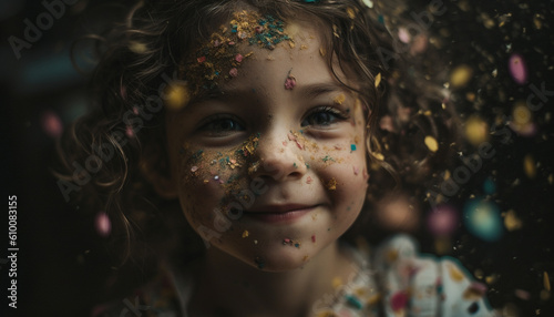 Smiling Caucasian girl enjoys colorful birthday party with playful children generated by AI