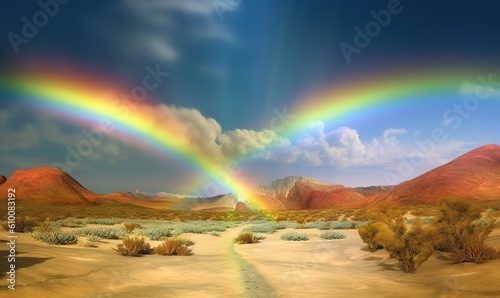  a rainbow appears over a desert landscape with mountains and a dirt road in the foreground, and a blue sky with clouds and a few white clouds. generative ai