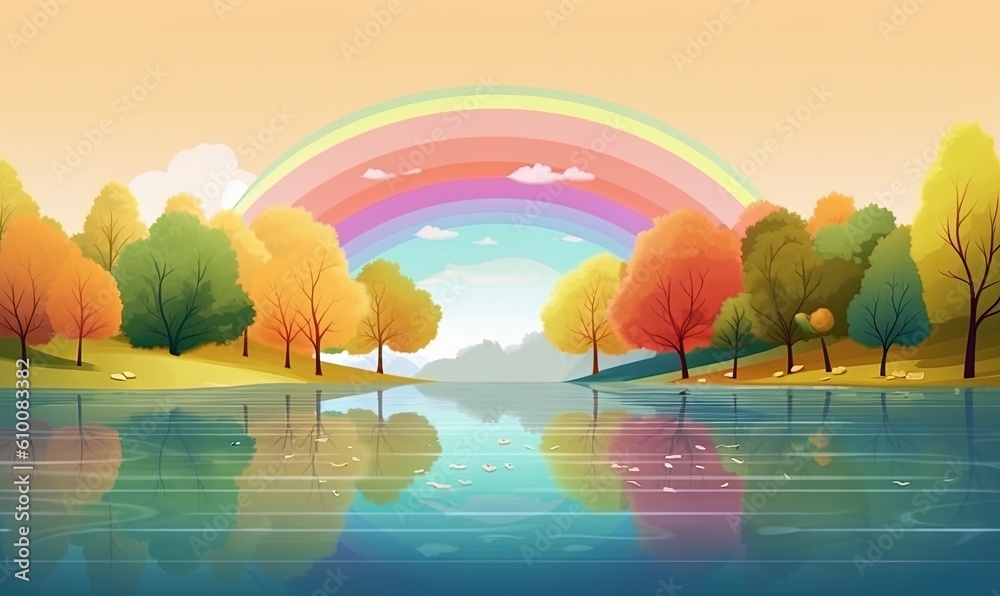  a river with a rainbow in the sky and trees on the bank of the river and a rainbow in the sky above the water and a grassy area with a few trees.  generative ai