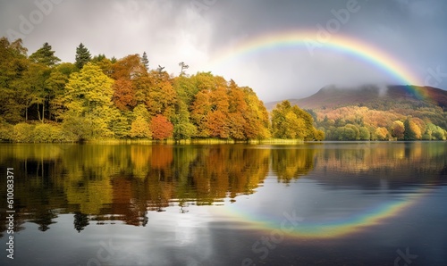  a rainbow is reflected in the water of a lake with trees in the background and a mountain in the distance with a rainbow in the sky. generative ai