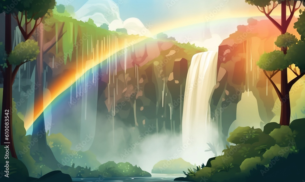 a waterfall with a rainbow in the middle of the forest with trees and a ...