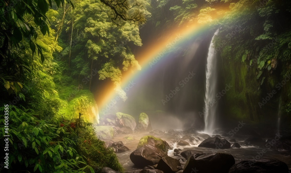  a waterfall with a rainbow in the middle of the picture and a rainbow in the middle of the picture on the side of the waterfall.  generative ai