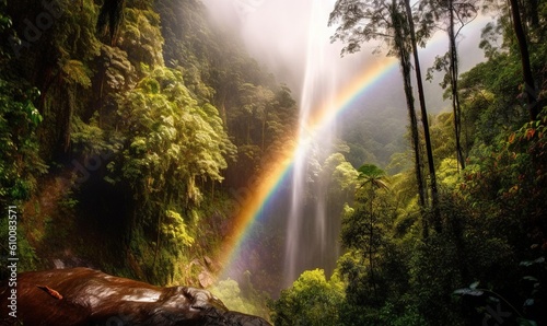  a rainbow in the middle of a forest with a waterfall in the background and a rainbow in the middle of the forest with a rainbow in the middle of the forest.  generative ai